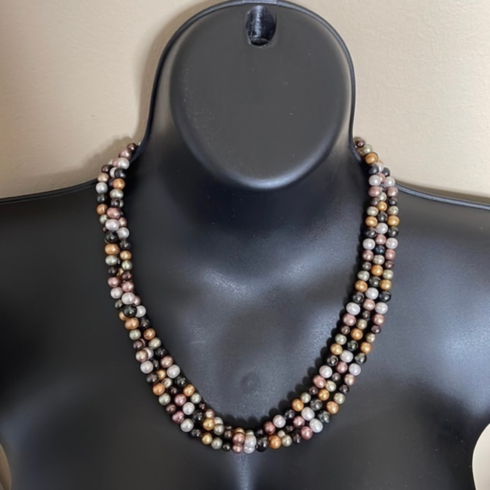EFFY 14K WHITE GOLD 3-ROW MULTI COLOR PEARL 19" NECKLACE